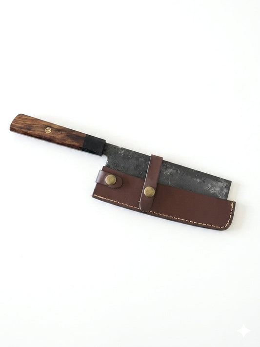 Handgeschmiedetes Nakiri Messer | Kohlenstoffstahl mit Kunstlederscheide